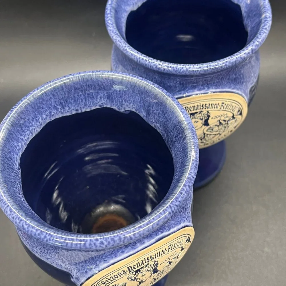 2006 Arizona Renaissance Festival Pleasure Feast Glazed Pottery Blue Goblet Cups